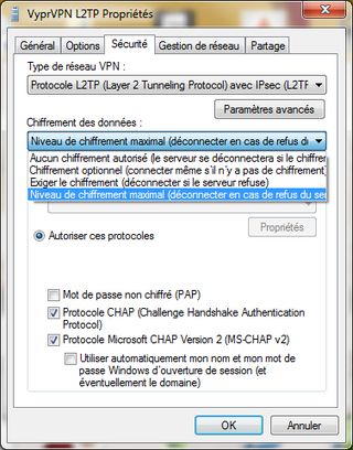 propriétés L2TP chiffrement