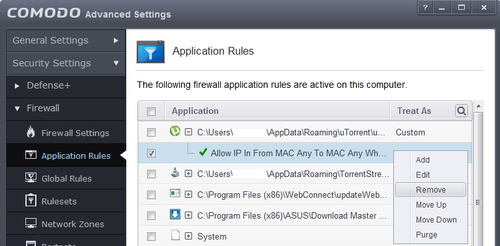 Comodo Application Rules